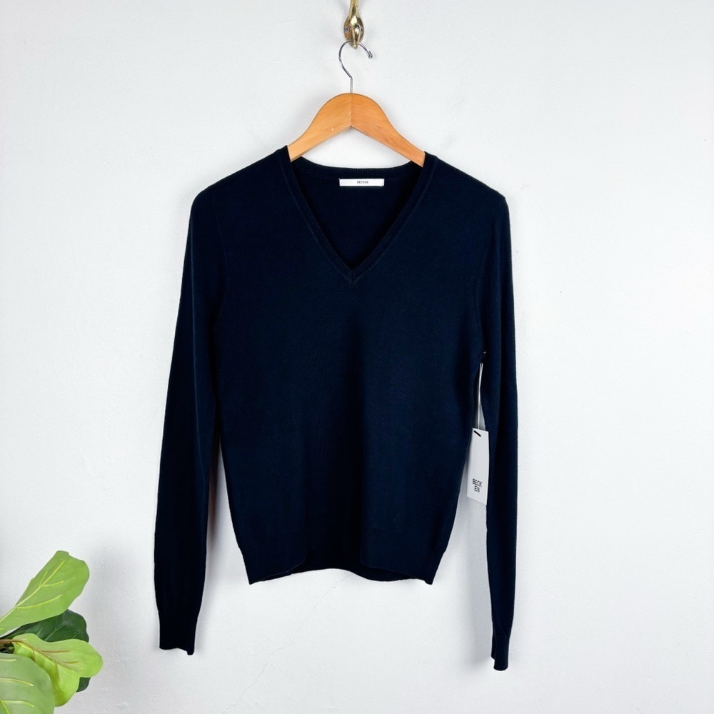 NWT BECKEN Women’s Cashmere Blend Navy Blue V-Neck Sweater Sz XS